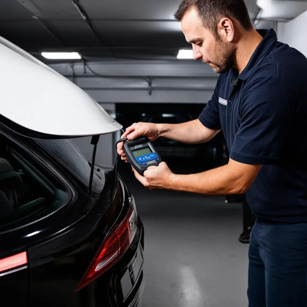 Mechanic using an OBD scanner on a 2013 Mercedes-Benz CLS